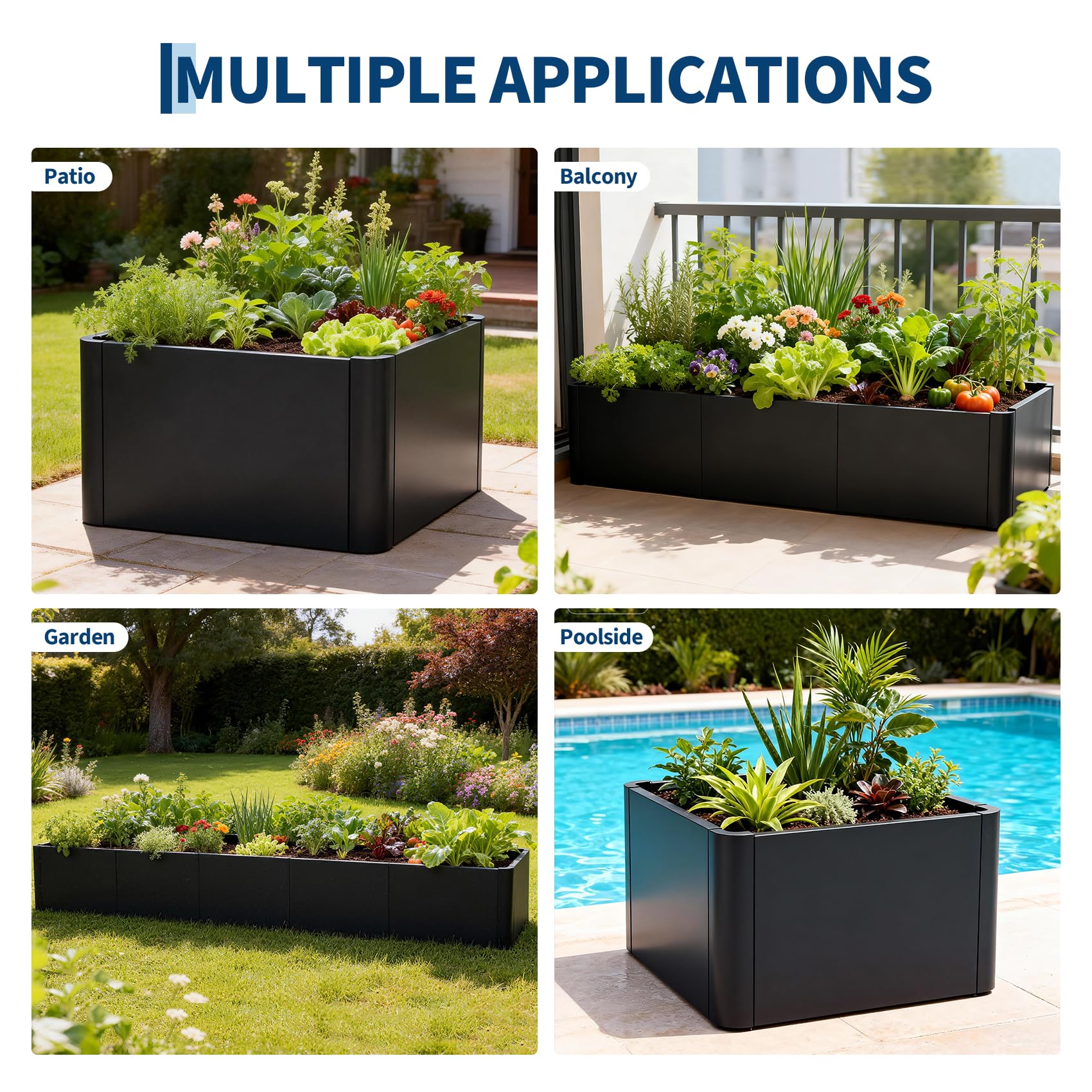Cama de cultivo elevada de acero negro con diseño de paneles modulares