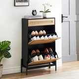 Garvee Gabinete organizador de zapatos con 2 cajones y 1 cajón pequeño de mimbre natural, para entrada y sala, 60.96x23.88x102.36cm, color negro - Negro & Roble
