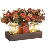 Garvee Set 3 Piezas Flores Artificiales De Seda Naranjas Luces LED Caja Madera Decoración Hogar Oficina Compacto Estilo Rústico - Orange