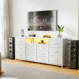 Garvee Cómoda TV Stand 160 cm para TVs 65-75" con Estación de Carga, 12 Cajones, Tela y LED, Metal, Ajustable, Sala o Dormitorio - Blanco