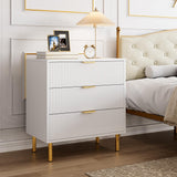 Garvee Mesa de Noche con 3 Cajones de MDF Ecológico Diseño Acanalado Sistema Antivuelco y Patas Metálicas para Dormitorio Blanco - Blanco