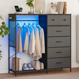 Garvee Armoire Dressing Chambre Adulte - 6 Tiroirs, Éclairage LED, Station de Charge, Cadre Fer, Surface Bois, 49.2x15.8x47.2 Pouces, Noir, Chambre Moderne - Negro