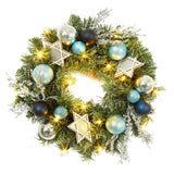Garvee Corona de Navidad 45 cm con 15 Luces LED, Bolas Doradas y Rojas, Bayas y Piñas, PVC Duradero para Puertas y Chimeneas - Azul Plata