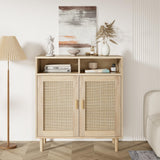 Garvee Sideboard de Rattan Estilo Rural, 2 Puertas y 2 Estantes Abiertos, Madera Natural, 80x92x40cm, para Salón o Comedor