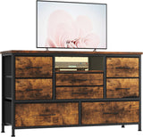 Garvee Cómoda con 8 Cajones, 3 Tomacorrientes y 2 Puertos USB, Mueble de TV con Luz LED, Estructura de Metal, Diseño de Madera Vintage, 120cm, Multicolores, para Sala y Dormitorio - Vintage
