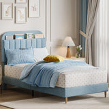 Garvee Cama Individual con Almacenaje y Cabecero de Terciopelo, Estructura Robusta y Silenciosa, Azul, Ideal para Niños - Azul