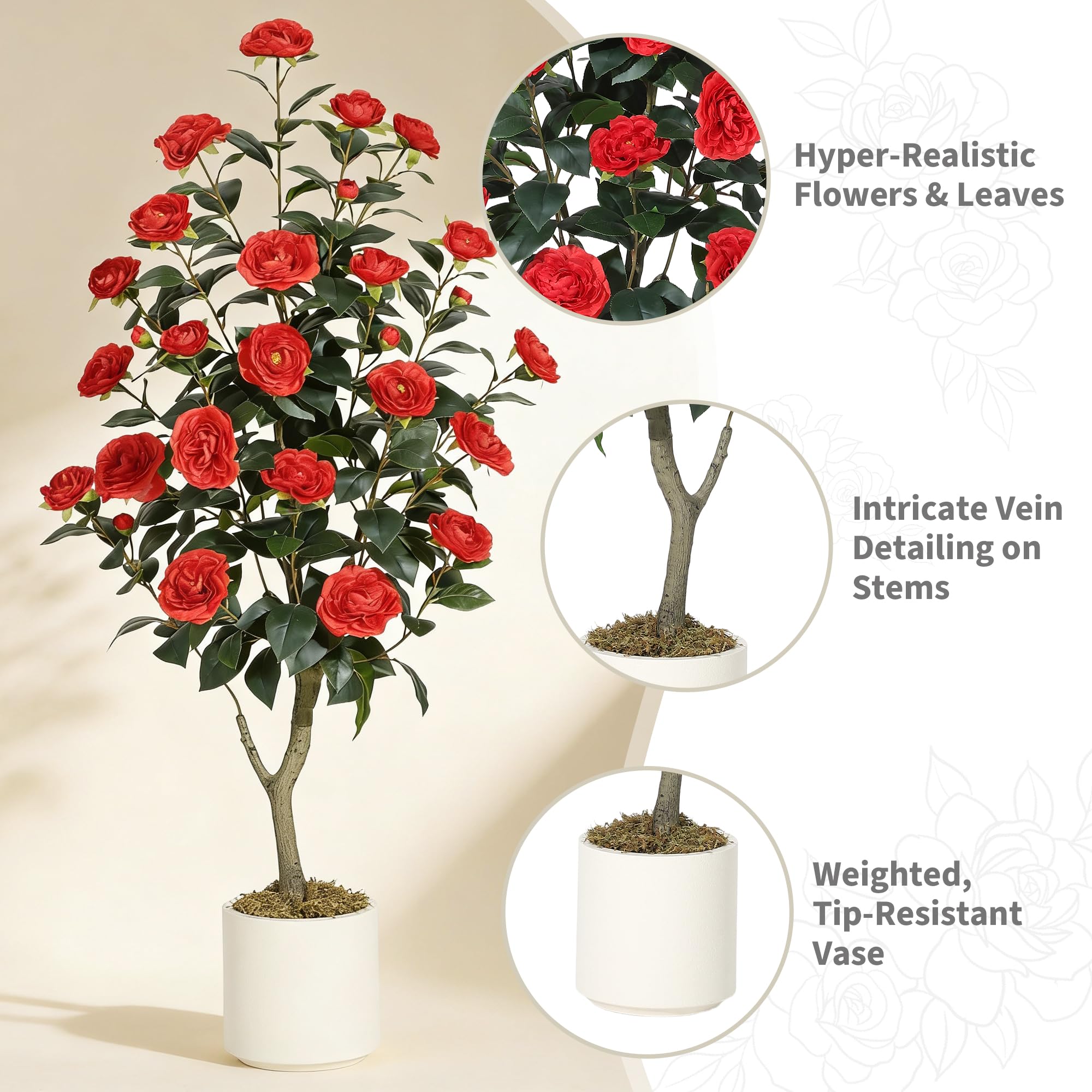 Flores rojas de camelia confeccionadas en tela de seda de alta fidelidad botánica