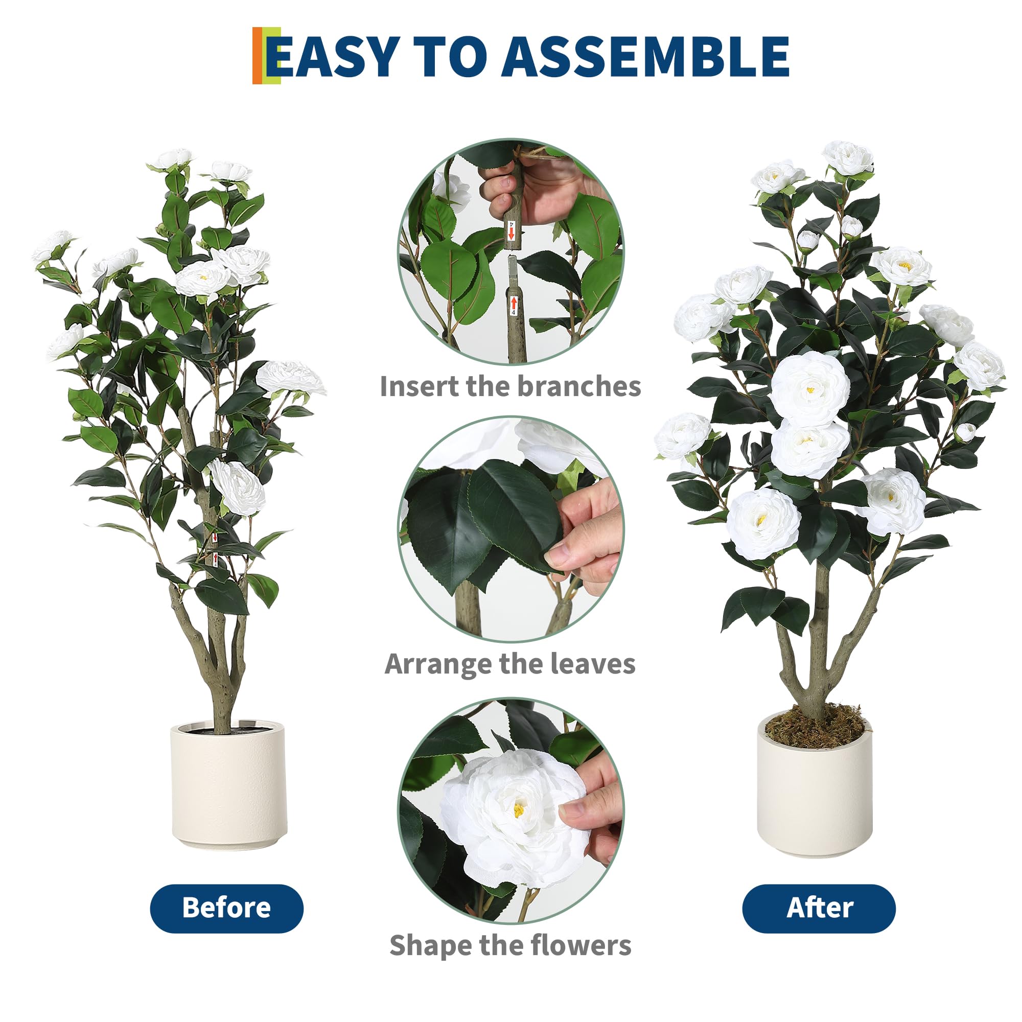 Flores de camelia detalladas confeccionadas en tela de seda de alta fidelidad botánica
