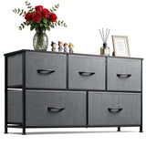 Garvee Cómoda de Tela con 5 Cajones, Marco Metálico, Almacenaje Espacioso, 100cm de Ancho, Negro Vintage, para Dormitorio - Nogal con grano negro antiguo