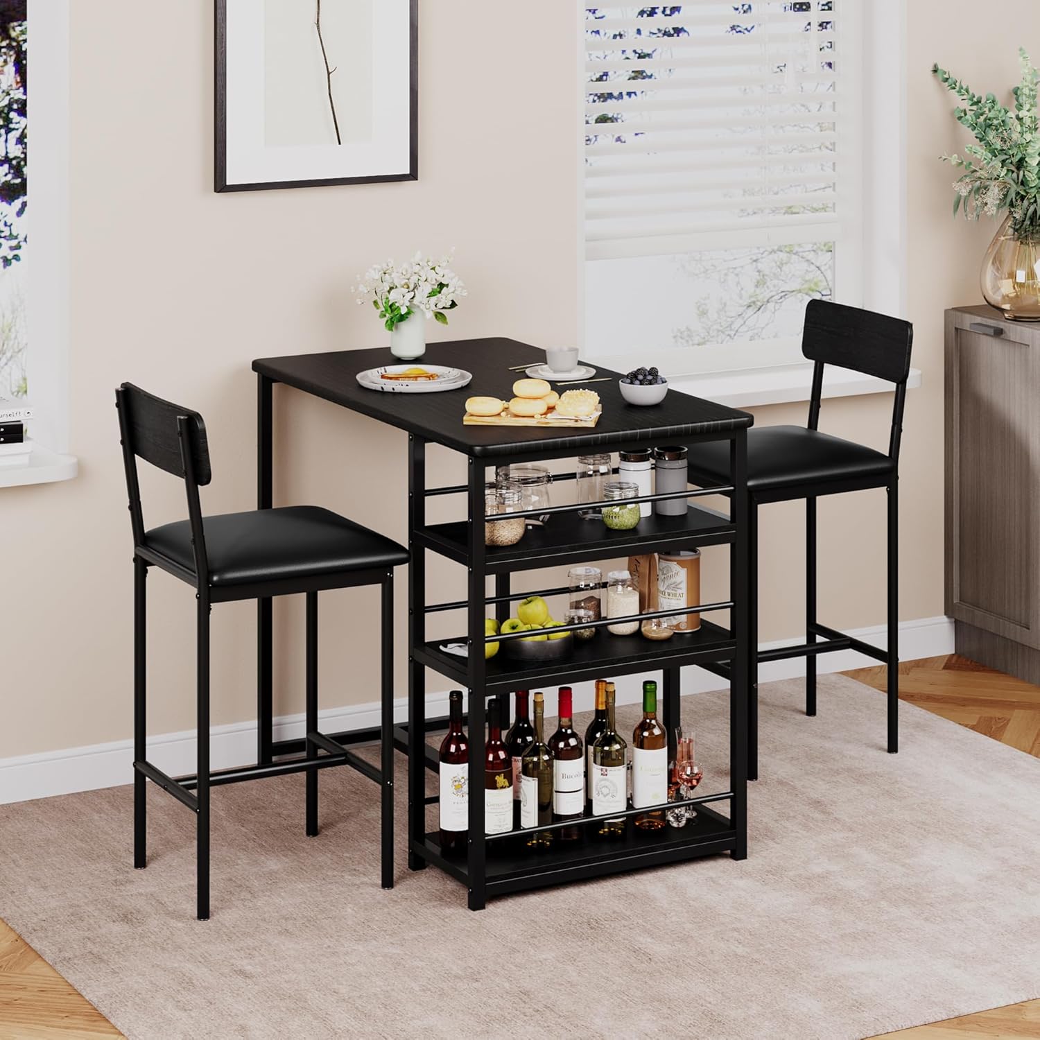 Garvee Bartisch Set de 3 piezas con 2 taburetes acolchados, mesa de cocina con 3 estantes para comedor, cocina, 91.5x50x91.5cm, Negro