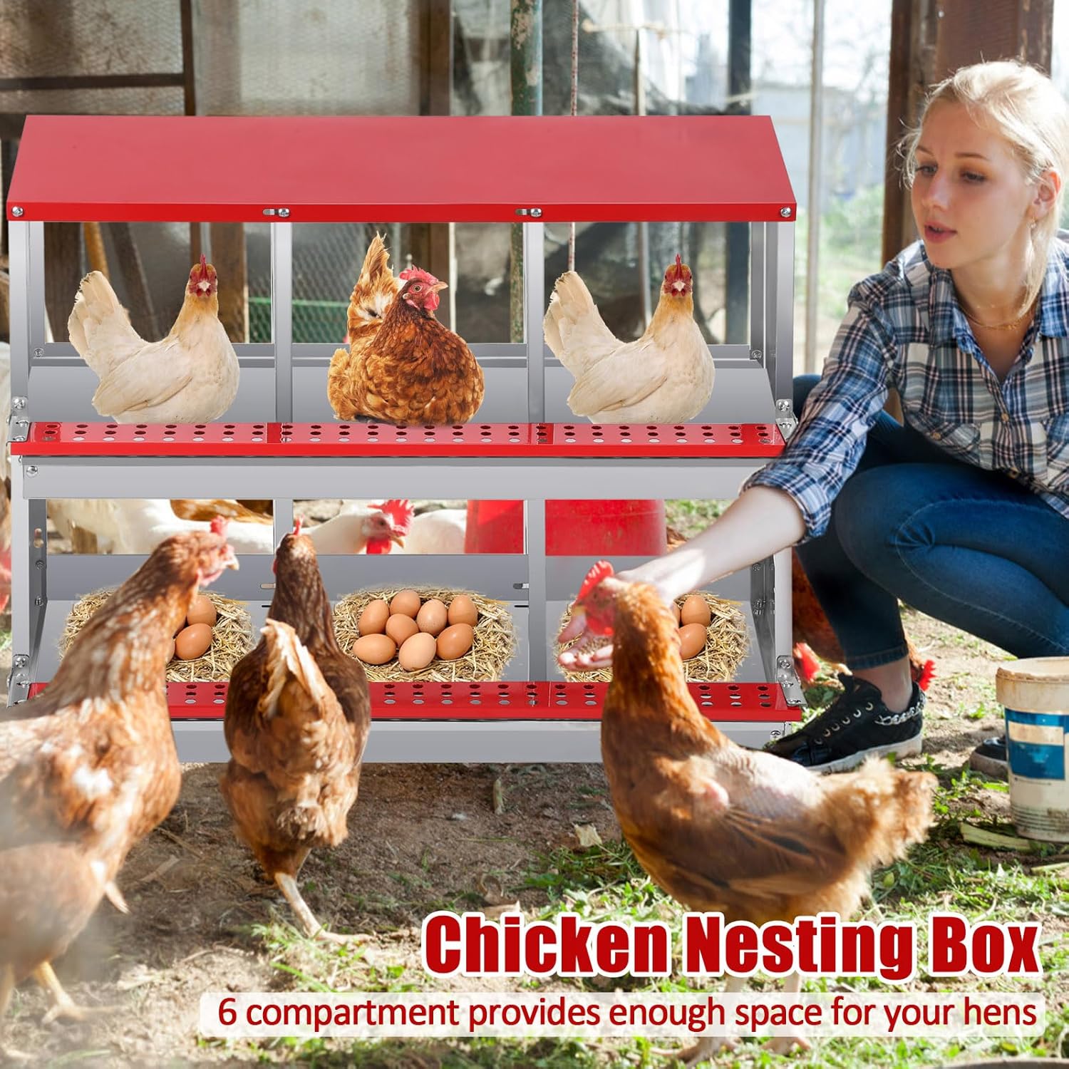Garvee Caja de Nido para Gallinas 2 Capas 6 Compartimentos con Patas, Acero Galvanizado, Con 6 Huevos Falsos, Impermeable Antióxido, Montable en Pared, Rojo