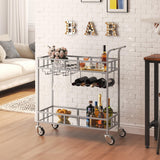 Garvee Carrito De Bar De Vino De 2 Niveles Con Ruedas, Estantes Espejados, Porta Copas, Metal Plateado, Compacto Para Hogar Y Fiesta - Plata