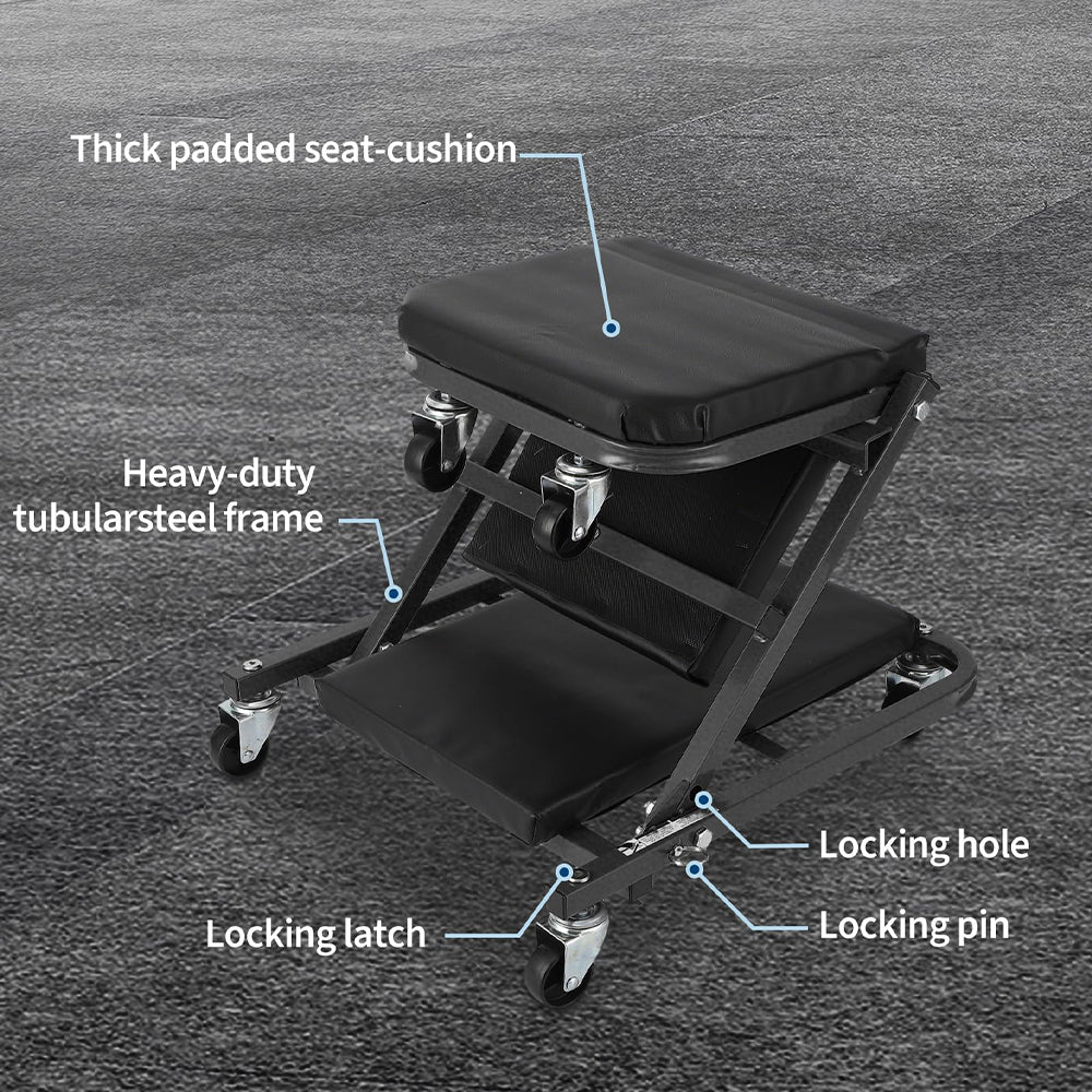 Garvee Asiento Mecánico Plegable 2 en 1 Z-Creeper 91cm 6 Ruedas Giratorias Acero Resistente 149.7kg Carga Máxima con 2 Pares de Guantes para Taller de Reparación Automotriz Negro