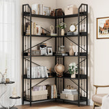 Garvee Estantería Esquinera Industrial 183 cm L Forma, 5 Niveles, MDF y Metal, Diseño Perforado, Estante Alto, Sala y Dormitorio, Negro - Negro