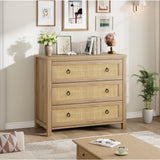 Garvee Cómoda de 3 Cajones con Ratán, Cajonera de Madera para Dormitorio, Salón y Entrada, Mueble Auxiliar Organizador Boho