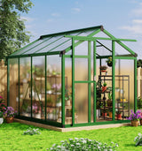 Garvee Invernadero 183x244 cm Aluminio con Paneles de Policarbonato, Ventilación Ajustable y Puertas con Cerradura para Jardín y Patio, Estructura Reforzada, Drenaje Eficiente, Color Transparente - Verde