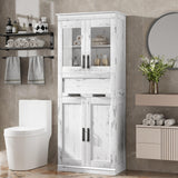 Garvee gabinete Alto de Baño 170 cm con 4 Puertas y Cajón de Vidrio, Estantes Ajustables, MDF Duradero, Blanco Antiguo para Cocina y Sala - Blanco Antiguo-Retro
