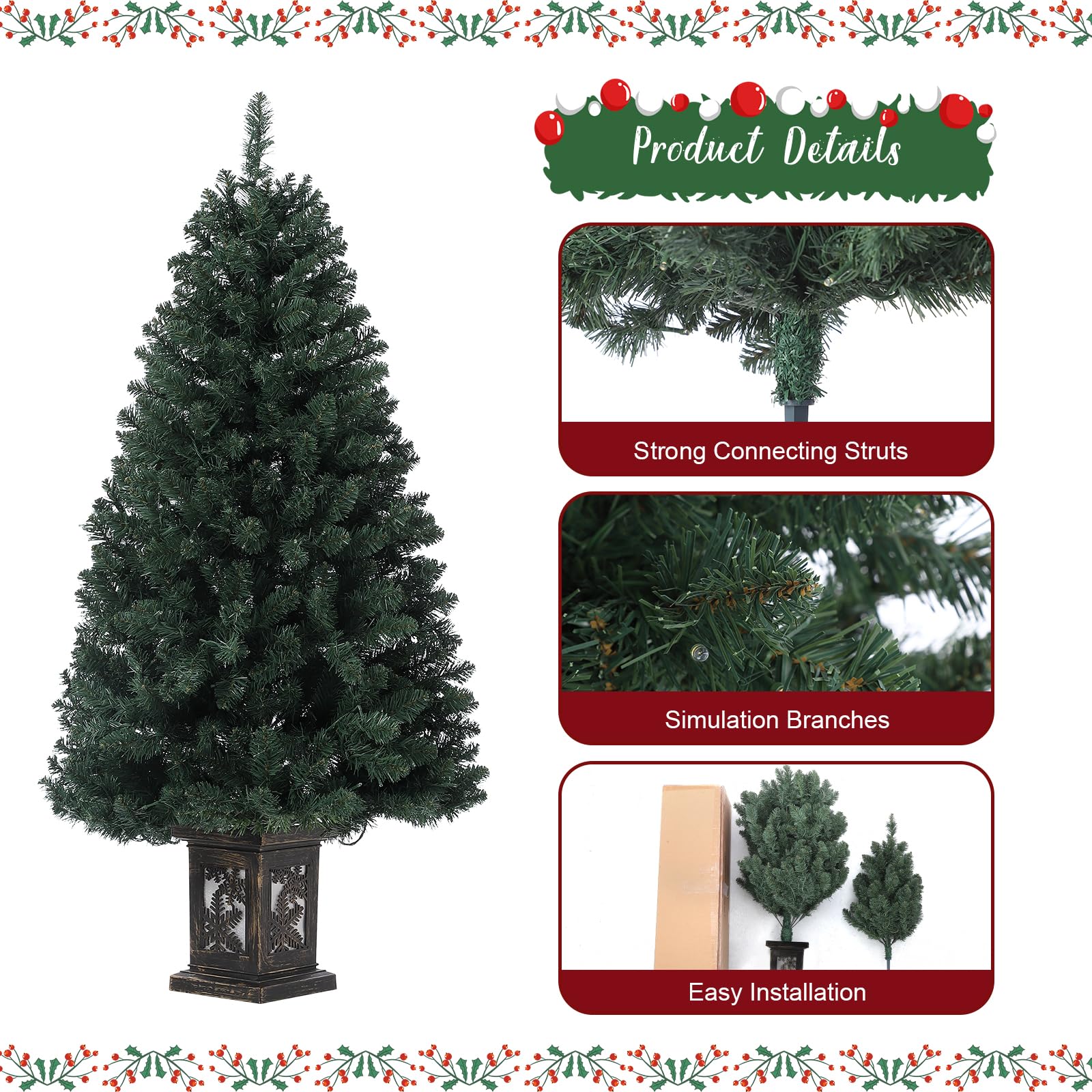 Garvee árbol de Navidad artificial de 145 cm con 300 luces LED cálidas blancas, 8 modos, maceta retro iluminada, para familia, oficina, pasillos, verde y nevado