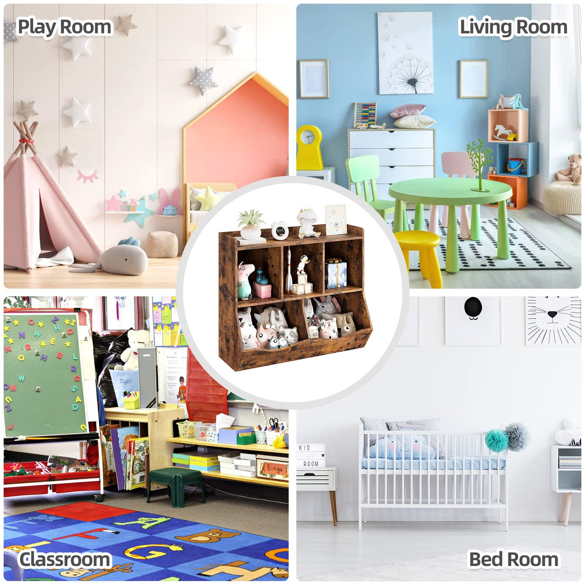Garvee Armario Almacenamiento Juguetes y Libros MDF 2 Niveles, 2 Compartimentos Abiertos y 2 Cajas Inclinadas, Altura Niño-Amigable, Diseño Seguro, Vintage, Sin, para Dormitorio Infantil