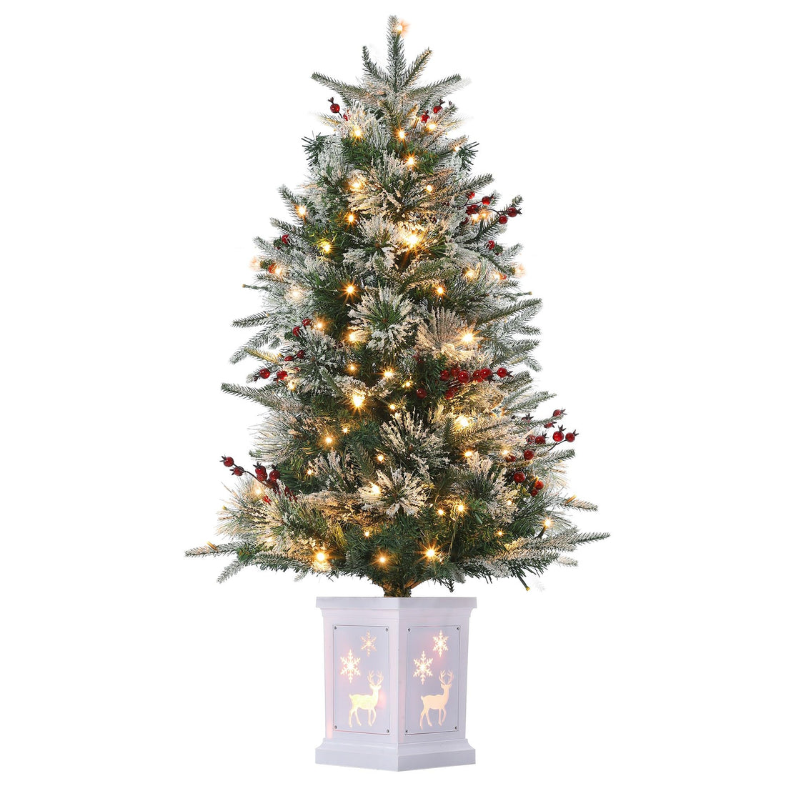 Garvee Árbol Artificial de Navidad 90cm Verde Nieve Base Cemento Estable 78 Luces LED Cálidas 8 Modos Caja de Baterías Cajita de Luces Muñeco de Nieve Hogar Oficina