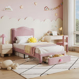 Garvee Cama Infantil Tapizada con Cajón de Almacenaje, Plataforma con Cabecero de Terciopelo, Diseño Curvo Seguro, Rosa para Dormitorio Infantil