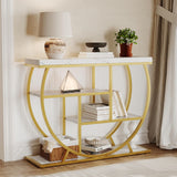Garvee Mesa De Entrada Industrial Con 4 Estantes, Base Circular, Mármol Blanco Y Dorado Para Sala Y Pasillo, Compacta Y Elegante - Dorado & Blanco