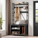 Garvee Hall Tree con Banco y Perchero 5 en 1, 17 Ganchos Ajustables, Madera Duradera, Estilo Rústico, Negro, para Entrada y Mudroom - Negro