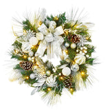 Garvee Corona Navideña de 61 cm con Luces LED y Temporizador, Bolas Plateadas y Blancas, PVC Resistente para Puerta y Porche - Plata