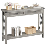 Garvee Mesa Consola de Entrada de Ratán con 2 Cajones, Estante Abierto y Estructura Metálica, Diseño Rústico Multifuncional, 110×30×78 cm, Robusta para Salón y Pasillo, Gris - Gris