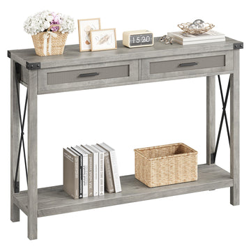 Garvee Mesa Consola de Entrada de Ratán con 2 Cajones, Estante Abierto y Estructura Metálica, Diseño Rústico Multifuncional, 110×30×78 cm, Robusta para Salón y Pasillo, Gris