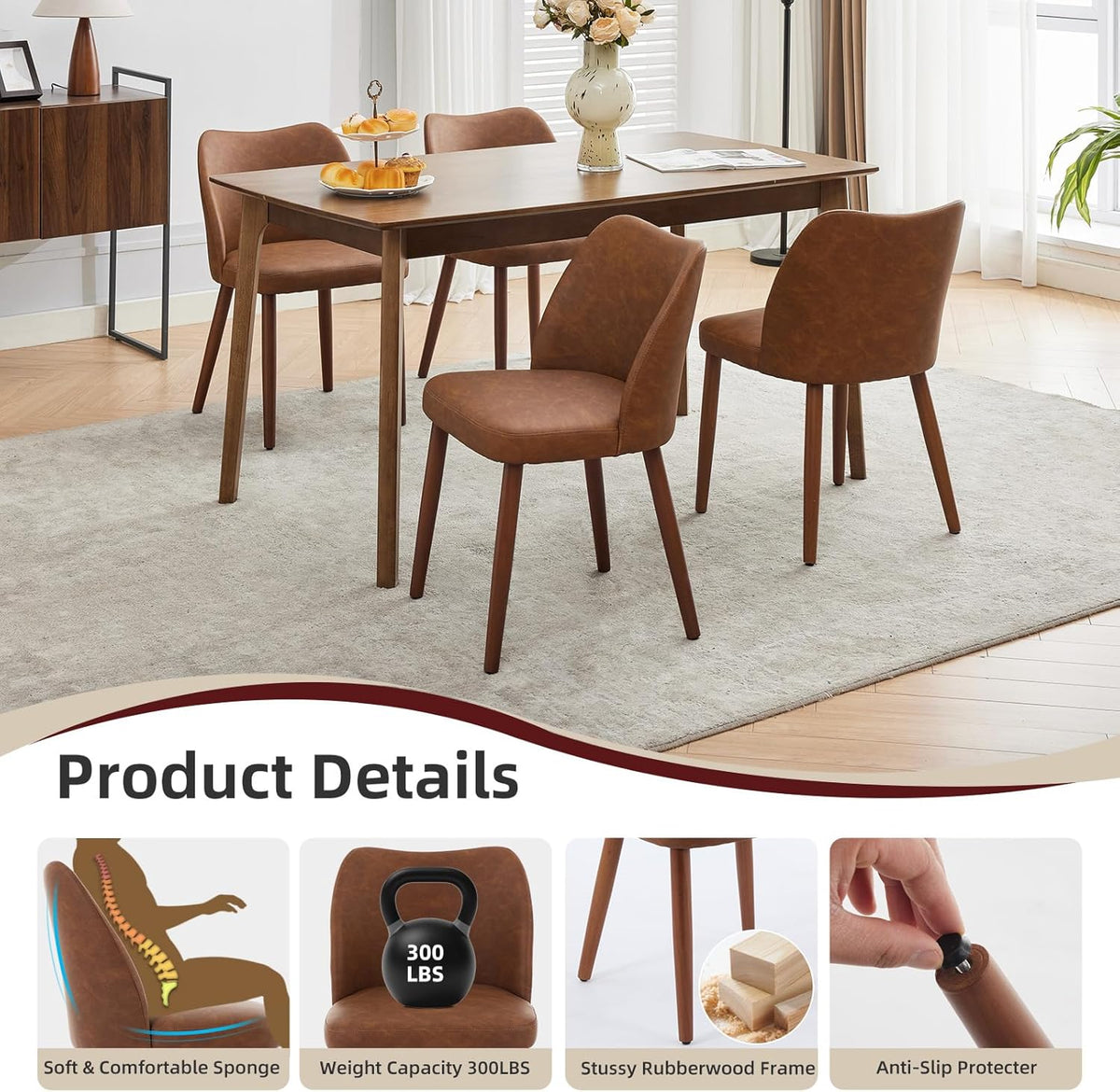 Garvee Pack de 4 Sillas para Comedor de Piel PU Estilo Wingback Asiento Acolchado con Espuma y Patas Robustas de Madera Sillas Modernas de Cocina y Salón Color Marrón