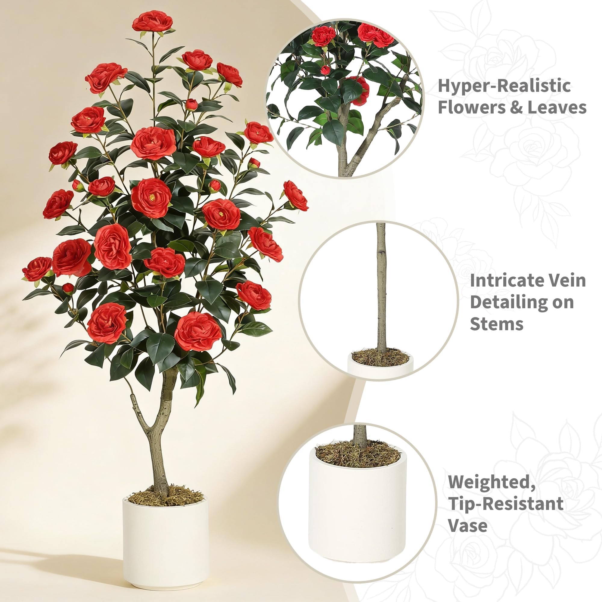 Flores rojas de seda detalladas y hojas verdes con variaciones naturales de tonalidad