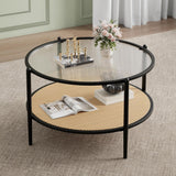 Garvee Mesa de Café Moderna de Medio Siglo con Tapa de Vidrio y Estante de Almacenamiento, 2 Niveles, Marco Metálico, Redonda de Madera, 73 cm, PE Rattan Neutro - Negro