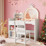 Garvee Set Tocador Infantil Princesa con Espejo Iluminado y Silla, Almacenaje Amplio, Madera Segura, Ideal para Niñas, Color Natural - Blanco 1