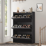 Garvee Armario Organizador de Zapatos de PB y MDF con 3 Puertas Abatibles y Tiradores de Madera para Pasillo Negro - Negro