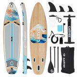 Garvee Tabla de Paddle Surf Hinchable de PVC Grado Militar Cubierta de EVA Antideslizante Capacidad 204kg y Kit Completo 335cm - Madera Natural