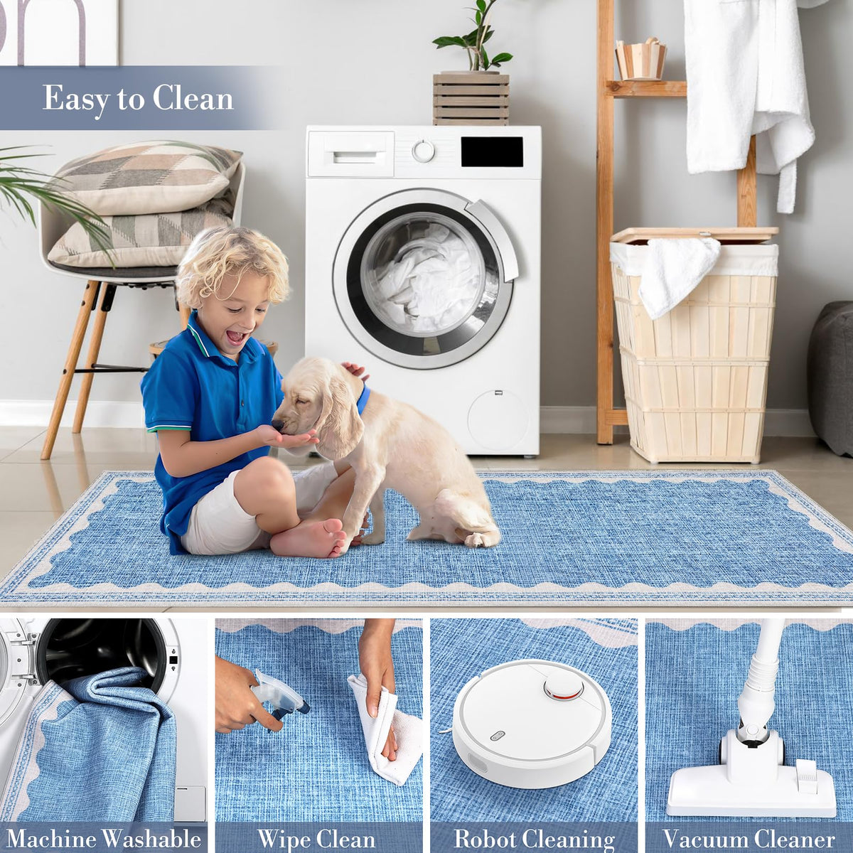 Garvee Alfombra Auxiliar Dora Azul para Dormitorio y Salón, Lavable y Antideslizante con Terciopelo Perlado, Base TPR Plegable, 80 × 150 cm