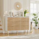 Garvee Cómoda de 6 Cajones con Panel Acanalado y Tiradores Metálicos, MDF, Blanca con Detalles de Madera Natural