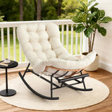 Garvee Silla Mecedora Papasan con Cojín Desmontable y Reposapiés Extensible, Estructura de Acero y Ratán para Porche y Sala, Confortable, Durable, Beige - Beige