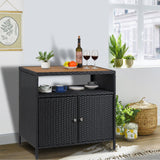 Garvee Armario de Almacenamiento para Exterior de Ratán, Mesa de Bar para Jardín y Terraza con Encimera de Aluminio, Mueble Auxiliar de Mimbre con Estantes para Patio y Piscina (Negro y Marrón) - Mesa Marrón