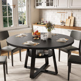 Garvee Mesa de Comedor Redonda para 4-6 Personas con Estante de Almacenamiento, Base Cruzada, Tablero de Madera, Pies Metálicos, Compacta para Apartamentos, 119 cm, Madera Natural - Negro