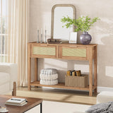 Garvee Mesa Consola de Ratán 43'' con 2 Cajones, Diseño Boho Moderno, Madera Maciza, Estante Abierto, Profundidad Estrecha, para Sala y Pasillo, Color Natural - Nogal