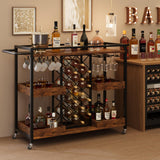 Garvee Carro De Bar 3 Niveles Con Ruedas Industriales, Portabotellas Y Portavasos, MDF Y Marco Metálico, Ideal Para Cocina Y Reuniones, Color Vintage