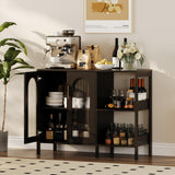 Garvee Aparador Buffet de PB con Puertas Arqueadas de Vidrio y Marco de Metal para Salón o Cocina Negro - Hierro Negro + Tablero de Madera Negro