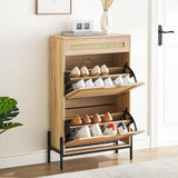 Garvee Armario de Zapatos de Rattan con 2 Tapas, Espacio para 12 Pares, Estructura de Acero Anti-Caída, Delgado 24 cm, para Pasillo y Zona de Entrada, Negro, Blanco y Apariencia de Madera Natural - Hierro Negro + Roble