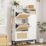 Garvee Mueble Zapatero de Madera MDF con 3 Cajones Abatibles de Ratán PE, Armario Organizador de Gran Capacidad para 32-40 Pares con Puerta Lateral, Blanco y Natural - Blanco