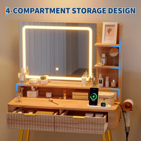 Garvee Tocador de Maquillaje 79cm con Espejo LED, 2 Cajones y Armario, Incluye Estación de Carga con Enchufe Europeo, Madera Natural