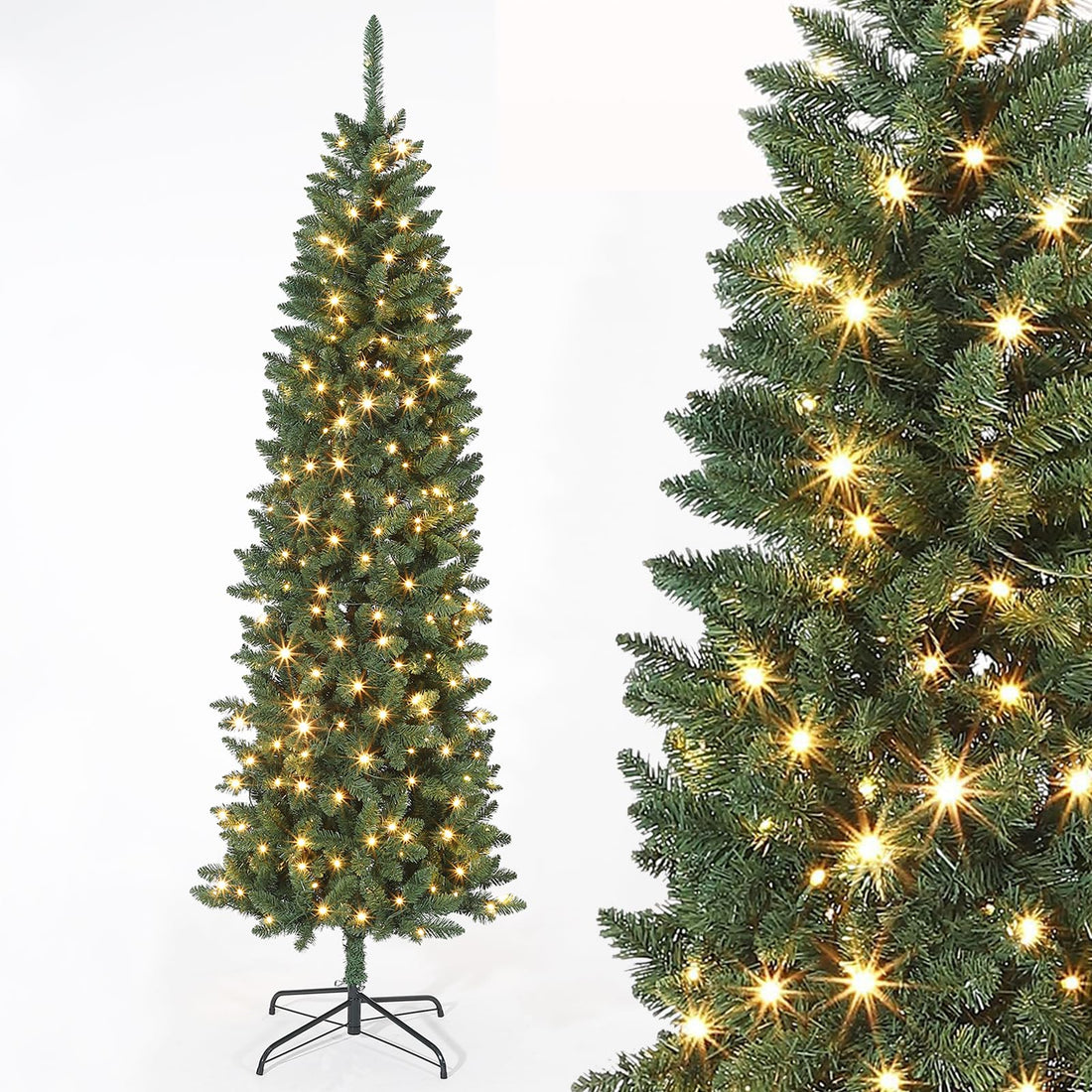 Garvee Árbol de Navidad Artificial de Lápiz Automático 100% PVC Color Natural 180cm con 200 Luces LED Bicolor Base Metálica Plegable Resistente para Hogares y Oficinas Decoración Festiva