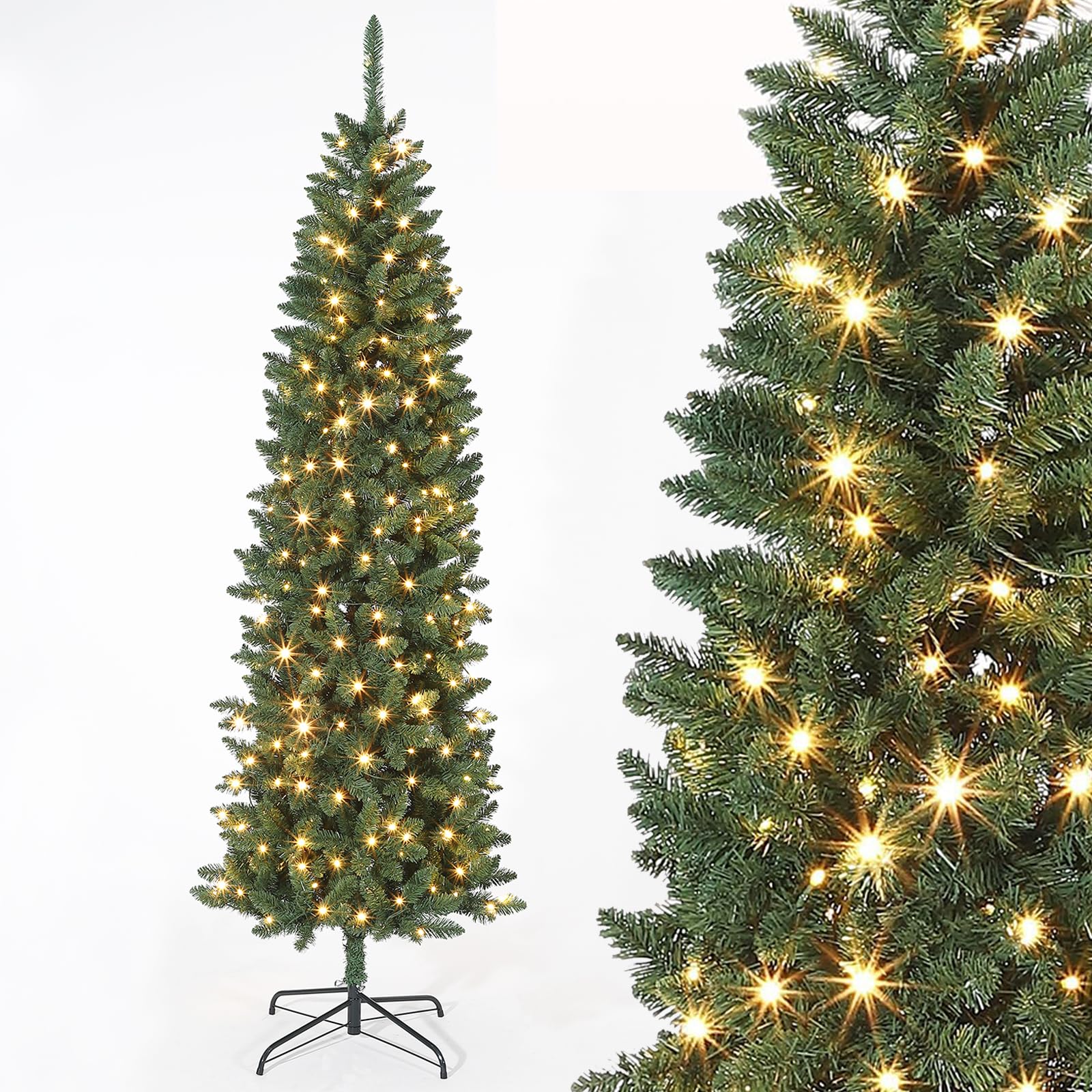 Garvee Árbol de Navidad Artificial de Lápiz Automático 100% PVC Color Natural 180cm con 200 Luces LED Bicolor Base Metálica Plegable Resistente para Hogares y Oficinas Decoración Festiva