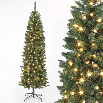 Garvee Árbol de Navidad Artificial de Lápiz Automático 100% PVC Color Natural 180cm con 200 Luces LED Bicolor Base Metálica Plegable Resistente para Hogares y Oficinas Decoración Festiva